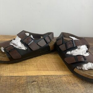 Birkenstock BirkiS Size 38 (US 7) Two Tone Brown Black Leather Cork Sandals